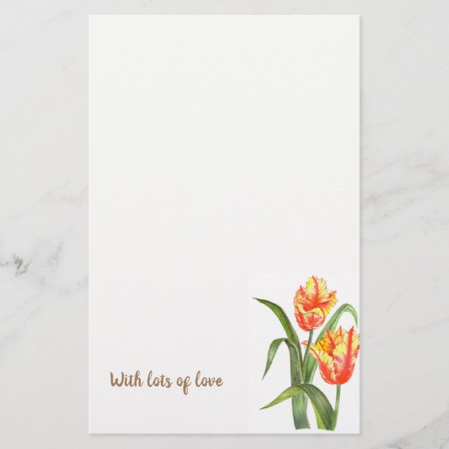 Watercolor Yellow Parrot Tulips Floral Art Stationery (Front)