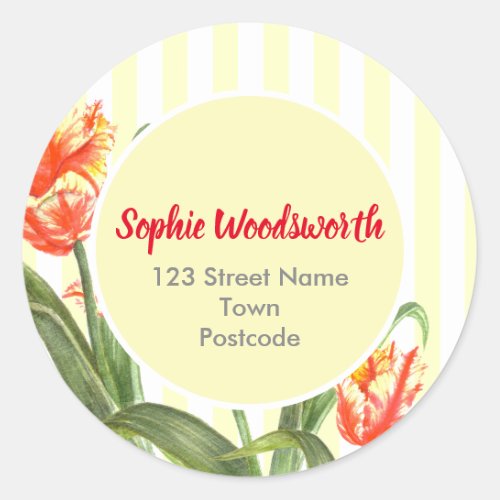Watercolor Yellow Parrot Tulips Floral Art Stripes Classic Round Sticker