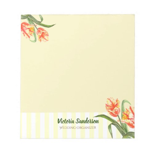 Watercolor Yellow Parrot Tulips Floral Art Stripes Notepad