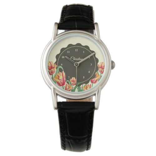 Watercolor Yellow Parrot Tulips Floral Art Watch