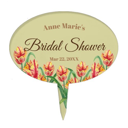 Watercolor Yellow Parrot Tulips Floral Bridal Cake Topper