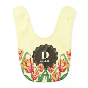 Watercolor Yellow Parrot Tulips Floral Monogram Baby Bib