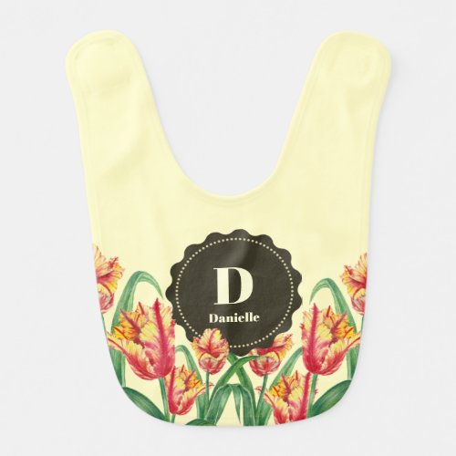 Watercolor Yellow Parrot Tulips Floral Monogram Baby Bib