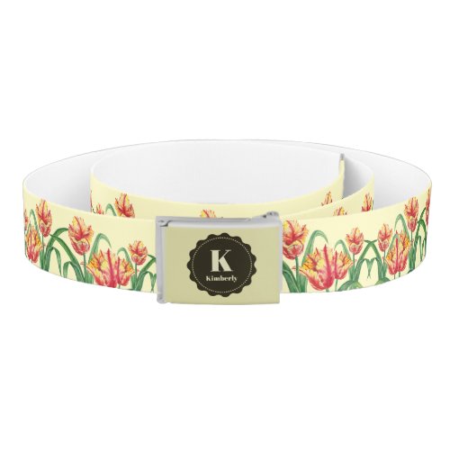 Watercolor Yellow Parrot Tulips Floral Monogram Belt