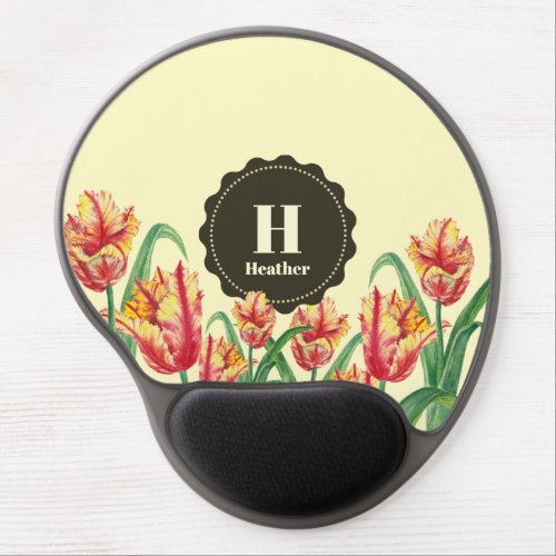Watercolor Yellow Parrot Tulips Floral Monogram Gel Mouse Pad