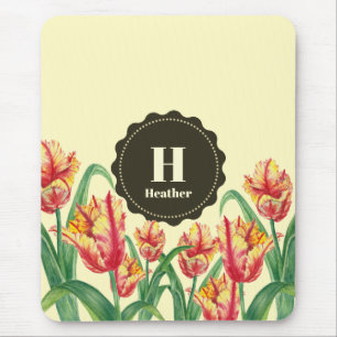 Watercolor Yellow Parrot Tulips Floral Monogram Mouse Pad