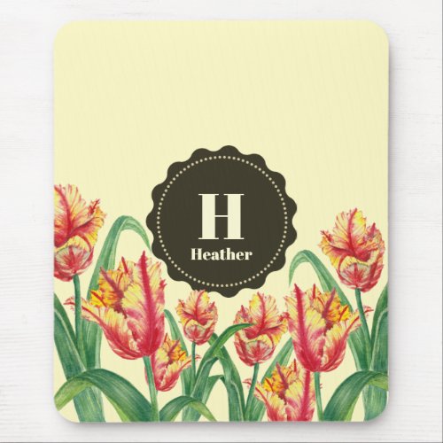 Watercolor Yellow Parrot Tulips Floral Monogram Mouse Pad