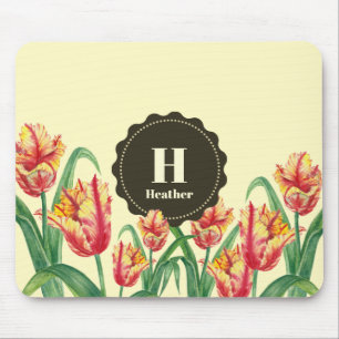 Watercolor Yellow Parrot Tulips Floral Monogram Mouse Pad