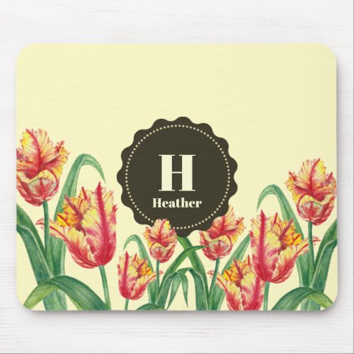 Watercolor Yellow Parrot Tulips Floral Monogram Mouse Pad