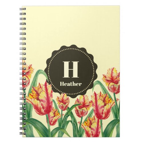 Watercolor Yellow Parrot Tulips Floral Monogram Notebook