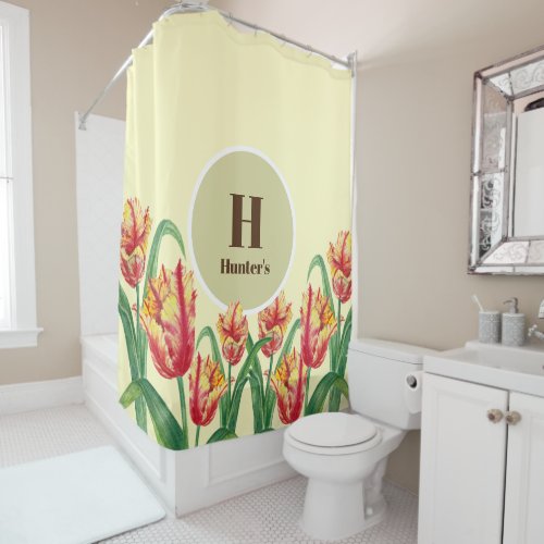 Watercolor Yellow Parrot Tulips Floral Monogram Shower Curtain