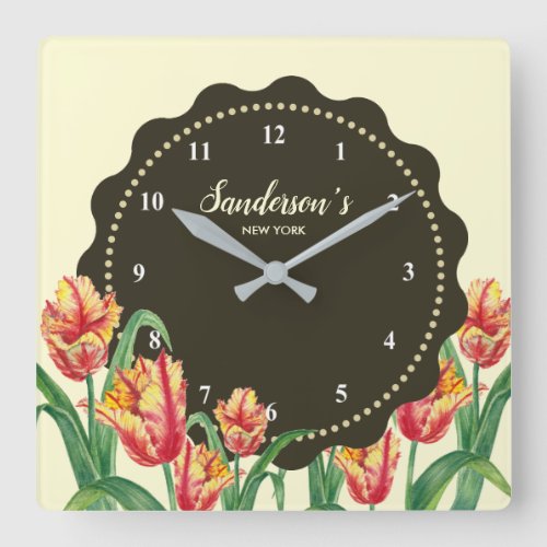 Watercolor Yellow Parrot Tulips Floral Square Wall Clock