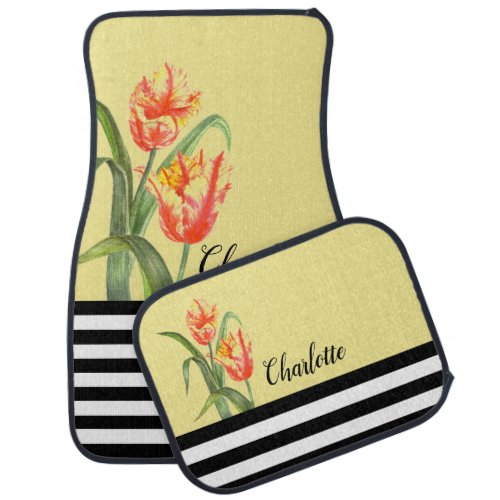 Watercolor Yellow Parrot Tulips Flower Stripes Car Floor Mat