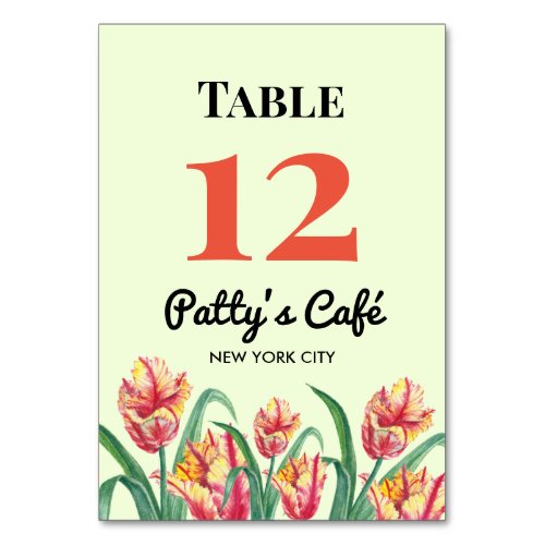 Watercolor Yellow Parrot Tulips Illustration Cafe Table Number