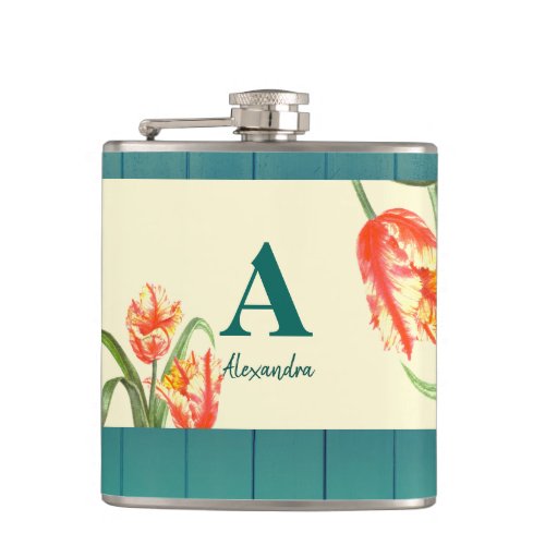 Watercolor Yellow Parrot Tulips Illustration Hip Flask