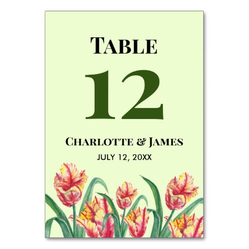 Watercolor Yellow Parrot Tulips Painting Wedding Table Number