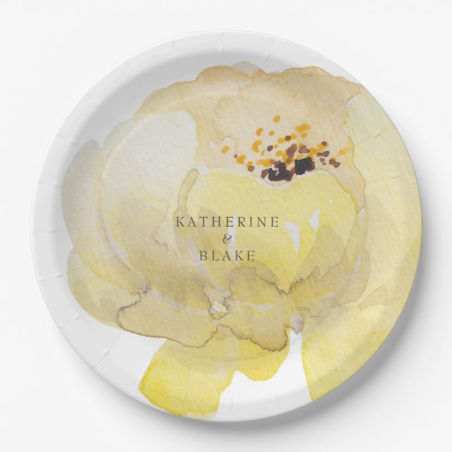 Watercolor Yellow Peony Names Wedding Paper Plates (Front)