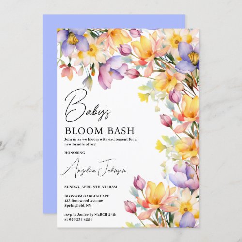Watercolor Yellow Periwinkle Flowers Baby Shower Invitation
