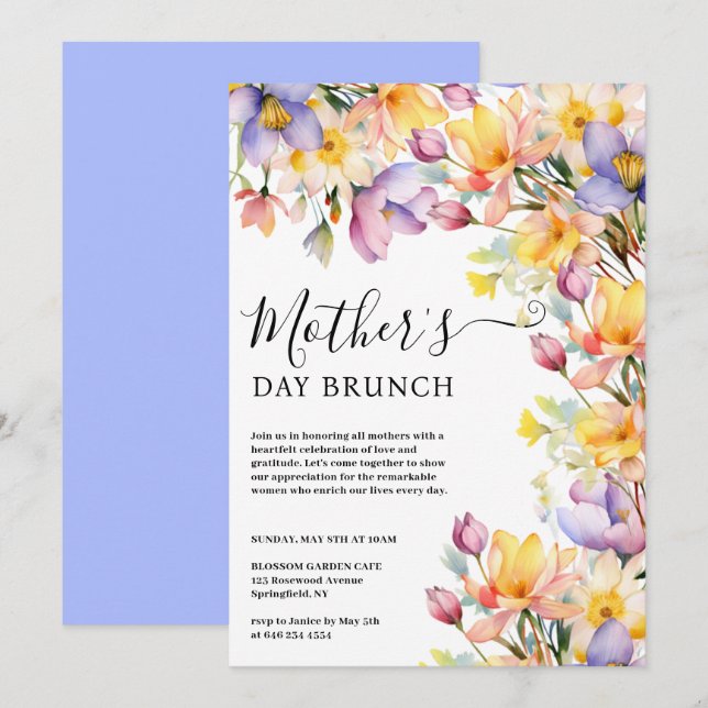 Watercolor Yellow Periwinkle Flowers Mother's Day Invitation (Front/Back)