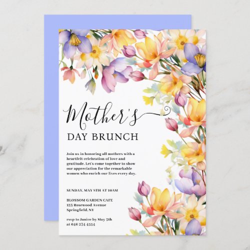 Watercolor Yellow Periwinkle Flowers Mothers Day Invitation