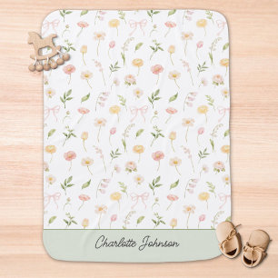 Watercolor Yellow Pink Flower Floral Personalized Baby Blanket