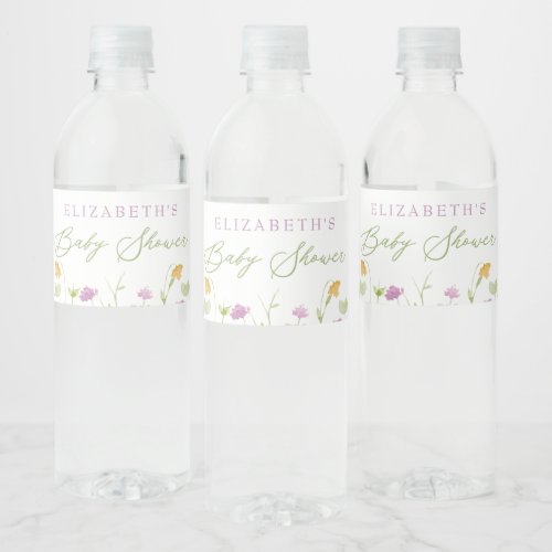 Watercolor Yellow Pink Wildflower Baby Shower Water Bottle Label