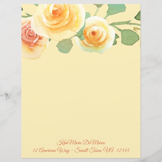 Watercolor Yellow Rose Border Stationery (Front)