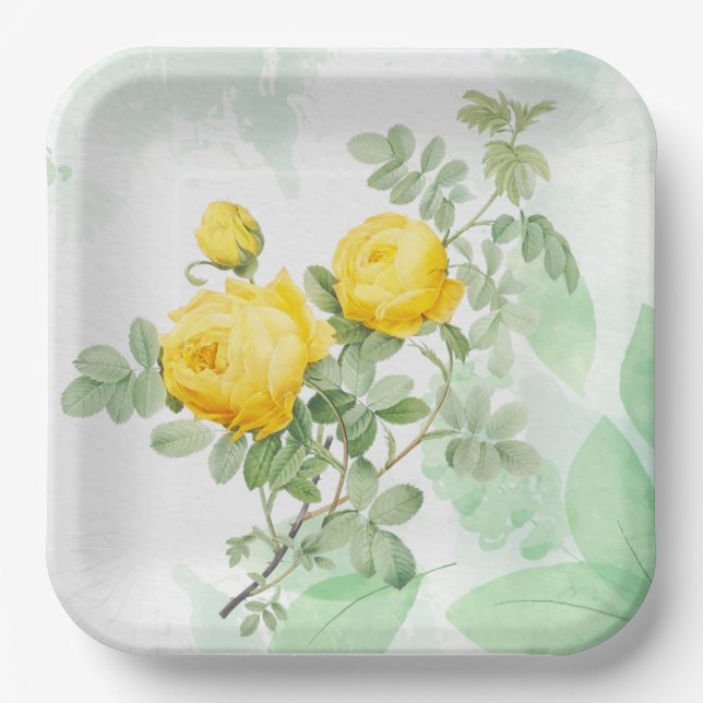 Watercolor Yellow Rose Garden Flower Nature Art Paper Plates (Front)