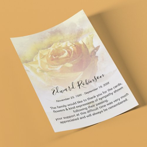 Watercolor Yellow Rose Memorial Thank You Card