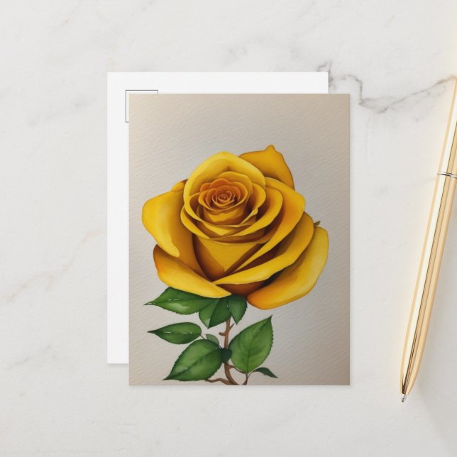 Watercolor Yellow Rose Painting Postcard (Front/Back In Situ)