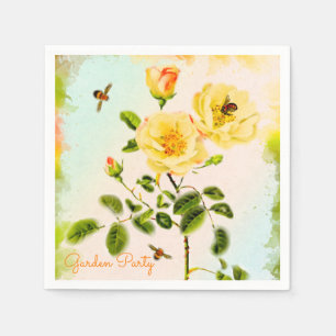 Watercolor Yellow Roses and Bees Garden Party Napkins