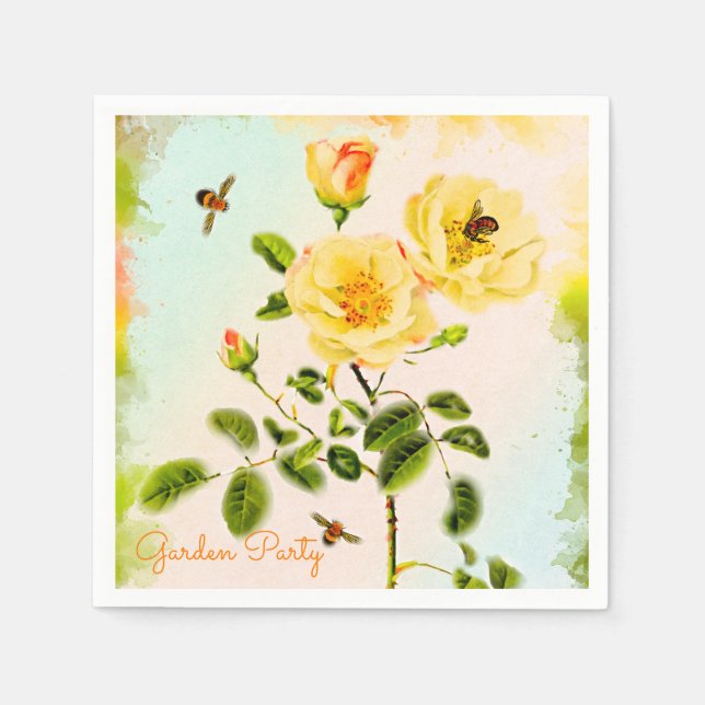 Watercolor Yellow Roses and Bees Garden Party Napkins (Front)