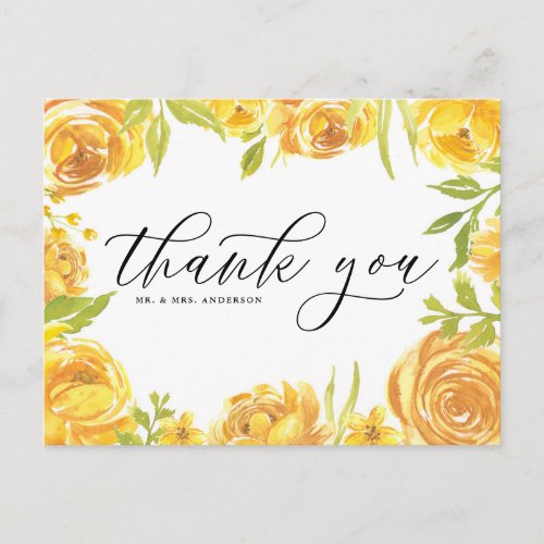 Watercolor Yellow Roses and Peonies Thank You Postcard