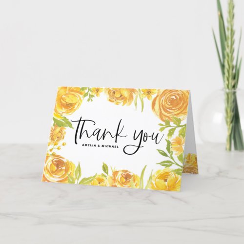 Watercolor Yellow Roses and Peonies Wedding Thank You Card