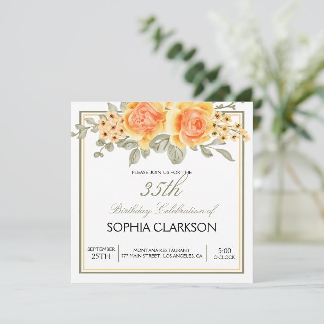 Watercolor Yellow Roses Birthday Invitation (Standing Front)