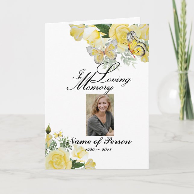 Watercolor Yellow Roses Butterfly Funeral Program (Front)