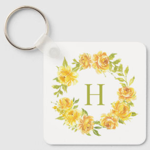 Watercolor yellow Roses Floral Wreath Monogram Keychain