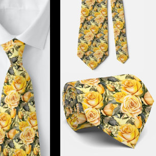 Watercolor Yellow Roses Spring Summer Floral Neck Tie
