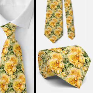Watercolor Yellow Roses Spring Summer Floral Neck Tie