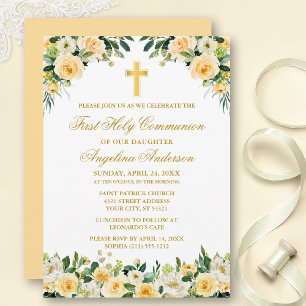 Watercolor Yellow Roses White Floral Communion Invitation
