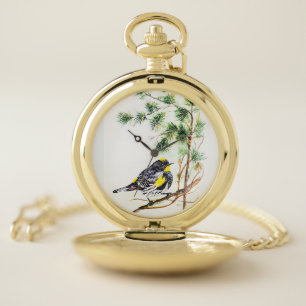 Watercolor Yellow Rumped Warbler Bird Birding Pocket Watch