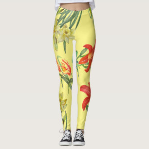 Watercolor Yellow Spring Flowers Floral Pattern Leggings