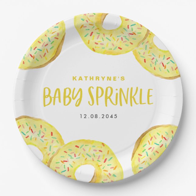 Watercolor Yellow Sprinkle Donuts Baby Sprinkle Paper Plates (Front)