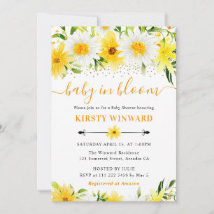 Watercolor Yellow Summer Flowers Baby Shower Invitation