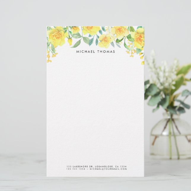 Watercolor Yellow Summer Flowers Personalized Stationery (Standing Front)
