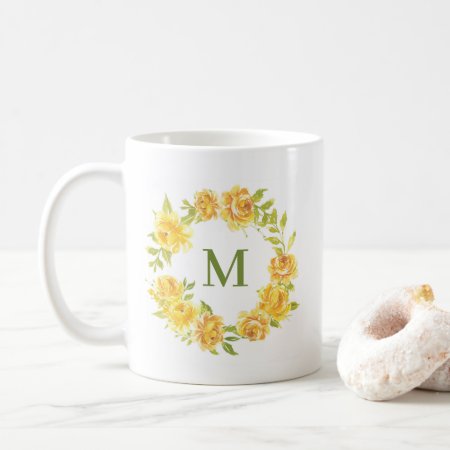 Watercolor Yellow Summer Flowers Wreath Monogram Coffee Mug