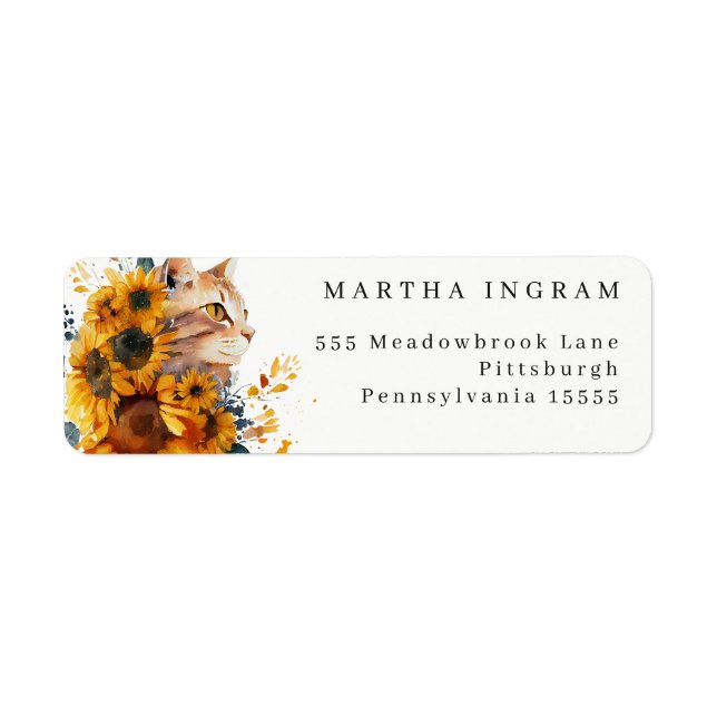 Watercolor yellow sunflower and cat  label (Front)