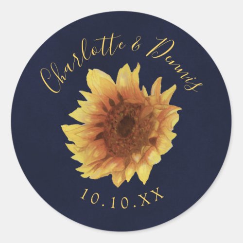 Watercolor yellow sunflower and navy blue wedding classic round sticker