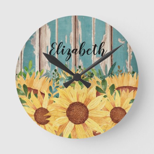 Watercolor Yellow Sunflower and Rustic Wood Name  Round Clock