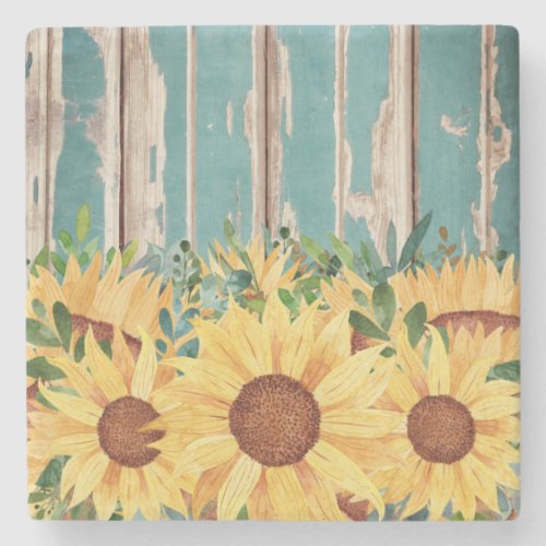 Watercolor Yellow Sunflower and Rustic Wood   Stone Coaster